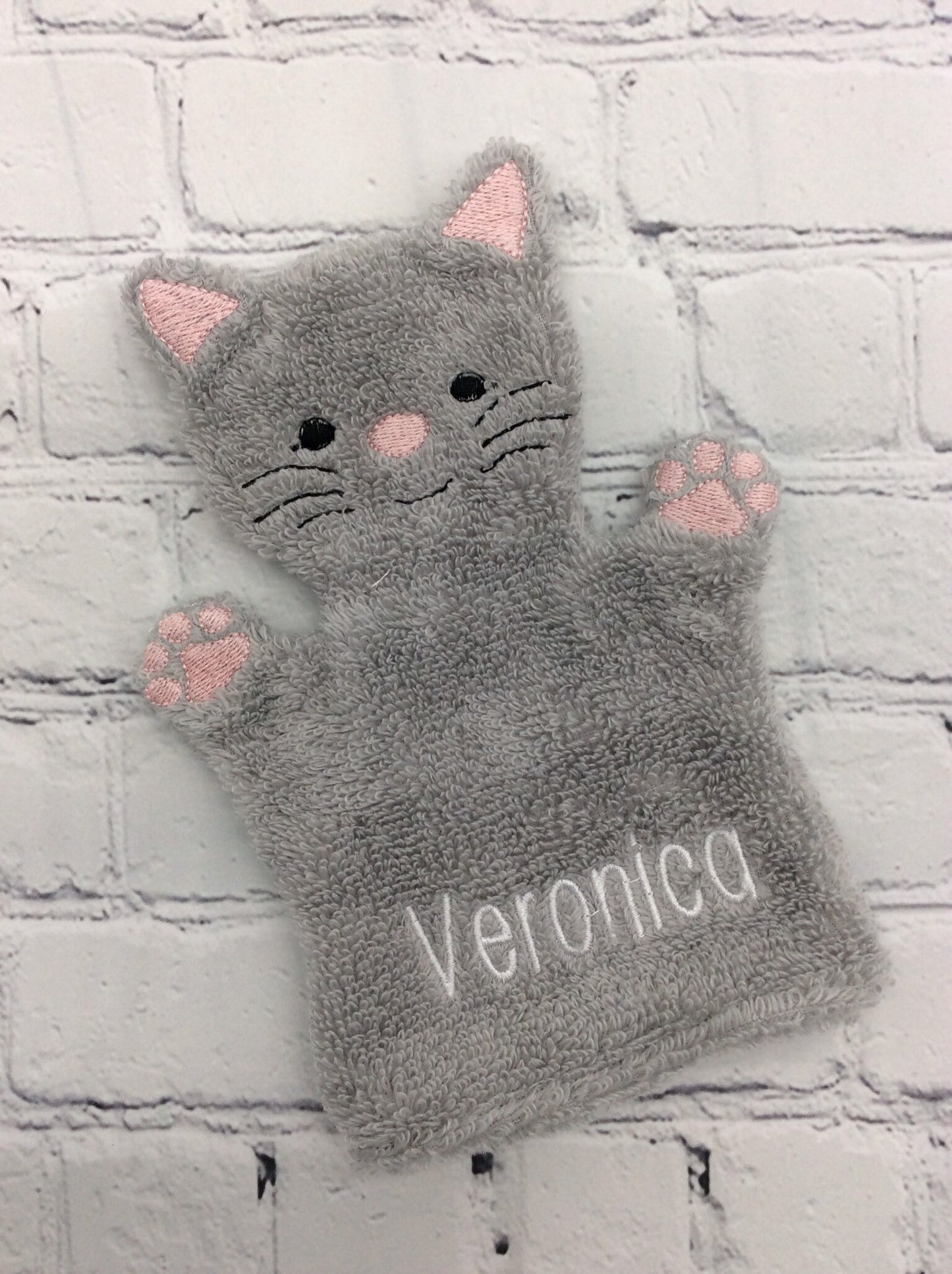 Kids Cat Bath Mitt, Personalized Washcloth, Monogrammed Baby Shower Gift, Birthday Spa Favor, Cotton Bath Glove, Personalized Toddler Gift