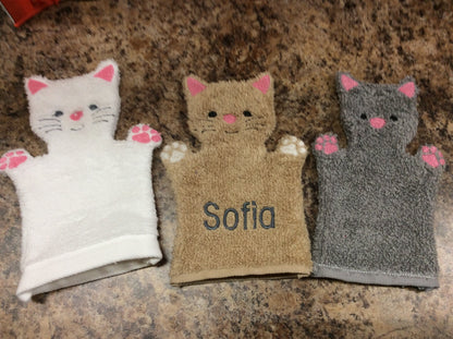 Kids Cat Bath Mitt, Personalized Washcloth, Monogrammed Baby Shower Gift, Birthday Spa Favor, Cotton Bath Glove, Personalized Toddler Gift